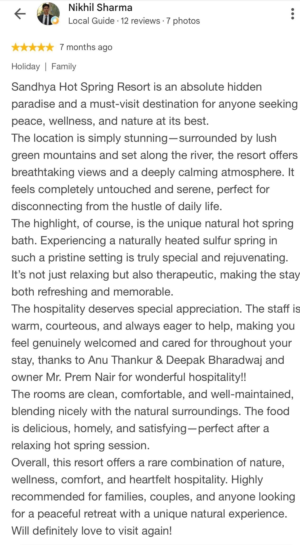 Guest review for Sandhya Hot Spring Healthcare